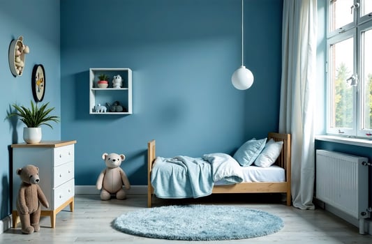 Modern cozy interior of children room blue color, playroom in house photo