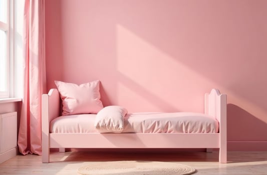 Modern interior of children room pink color, playroom cozy in house photo