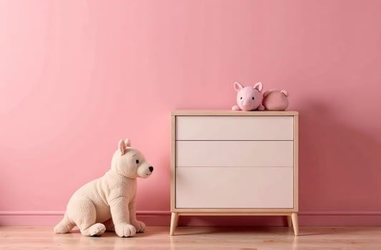Modern interior of children room pink color, playroom in cozy house photo