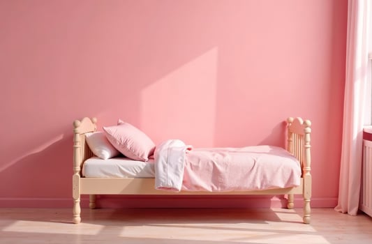 Modern snug interior of children room pink color, playroom in house photo