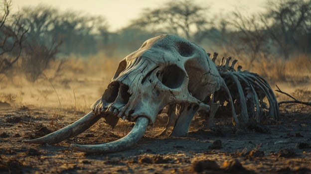 A dead animal skull laying in the dirt photo
