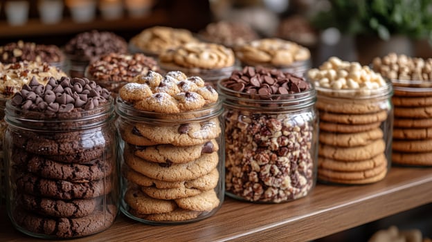 Different types of cookies are neatly arranged in glass jars on a wooden shelf, showcasing a delightful assortment including chocolate chips, nuts, and caramel. photo