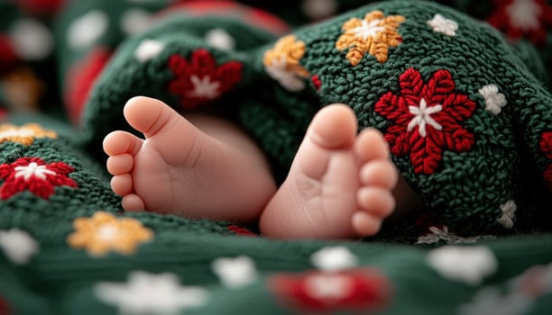 Newborn baby feet peeking out from cozy knitted blanket with colorful flowers photo