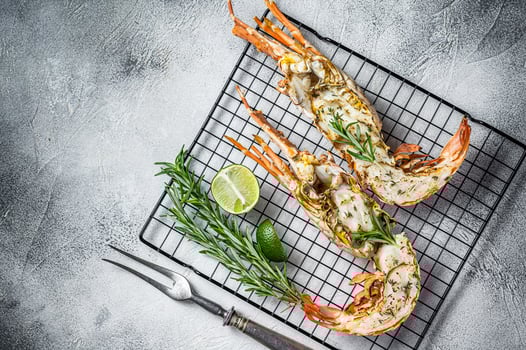 Barbecue grilled and sliced Spiny lobster or sea crayfish with herbs. White background. Top view photo