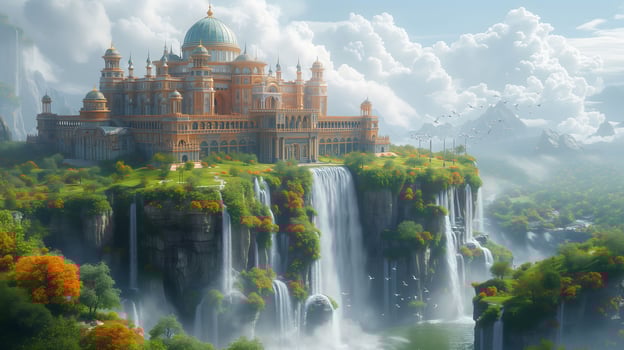 a castle on top of a waterfall with a waterfall photo