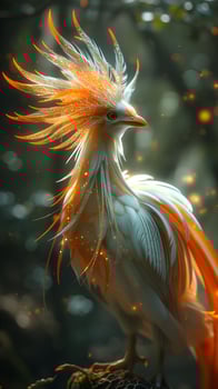 a white and orange rooster with in the forest photo