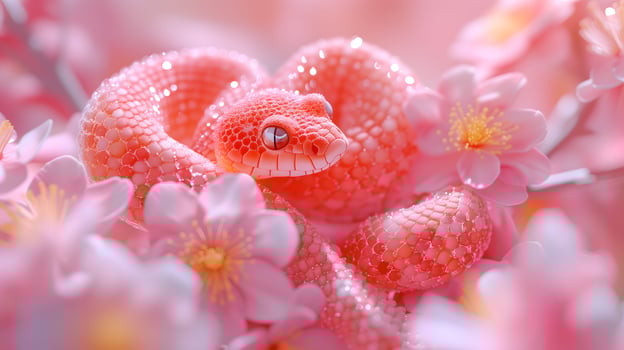 a pink snake is sitting on top of some flowers photo