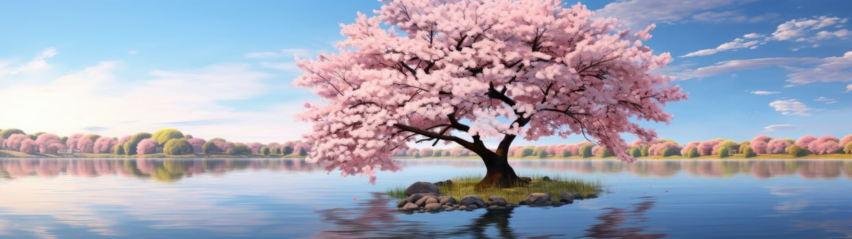 Stunning cherry blossom tree by tranquil lake photo