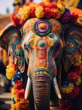 Colorful painted elephant with flower crown photo
