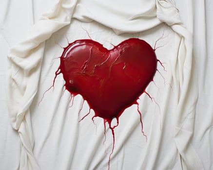 Broken heart bleeding on white fabric photo