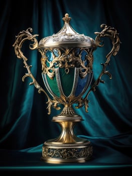 Ornate antique trophy cup on velvet backdrop photo