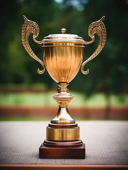 golden trophy award on wooden table photo