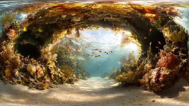 vibrant underwater coral reef scene showcasing colorful fish and diverse marine life. sunlight filters through water, illuminating coral formations and creating serene atmosphere photo