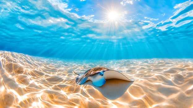 vibrant underwater scene featuring manta ray gliding gracefully over sandy ocean floor, illuminated by sunlight filtering through water photo