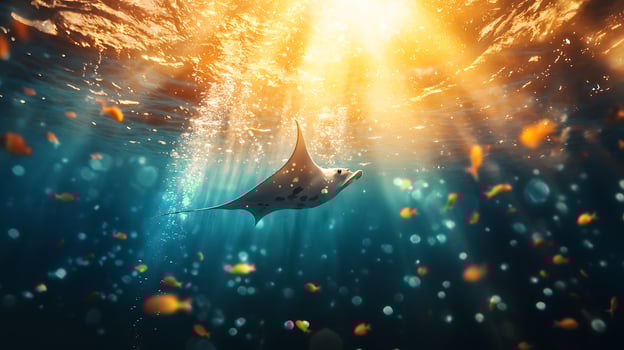 vibrant underwater photo of manta ray gliding gracefully through sunlit waters, surrounded by shimmering particles and serene atmosphere