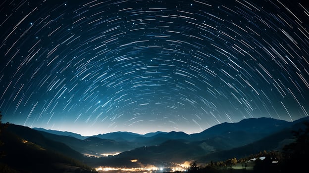 breathtaking starry night sky captured with mirrorless camera, showcasing stunning star trails over serene mountain landscape. vibrant lights from valley below add magical touch to scene photo