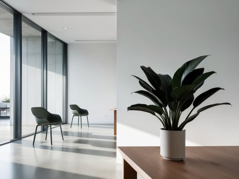 A modern office space with a large window and a potted plant. photo