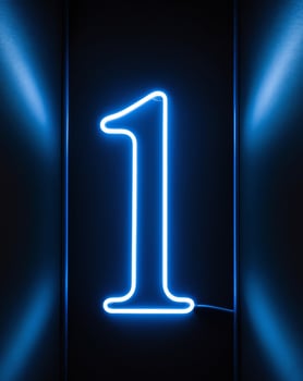 Neon Number One Glowing Brightly In Dark Background. photo