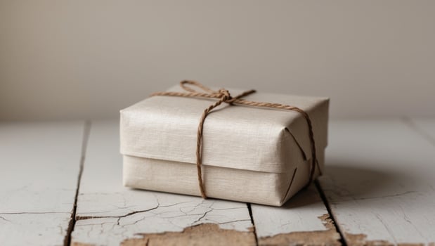 Simple wrapped gift box tied with twine on rustic wooden surface. photo