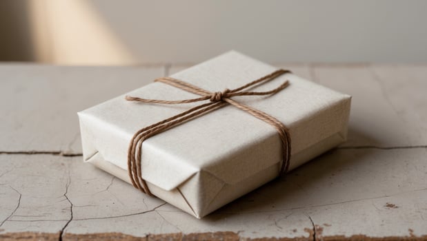 Simple wrapped gift box tied with twine on rustic wooden surface. photo