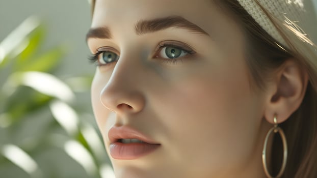 Elegant side profile of a woman showcasing a luminous complexion against a neutral backdrop photo