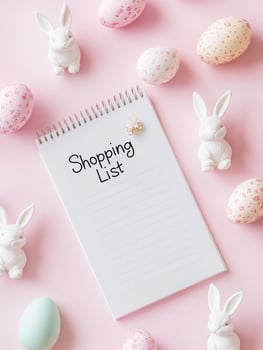 Easter shopping list on white notepad surrounded by decorative eggs and bunny figurines photo