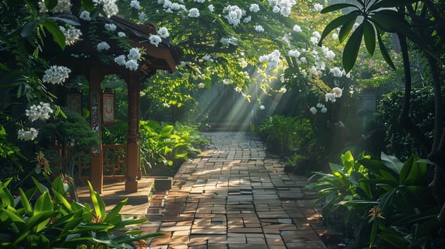 Serene Garden Pathway with Sunlight and Blooming Flowers photo