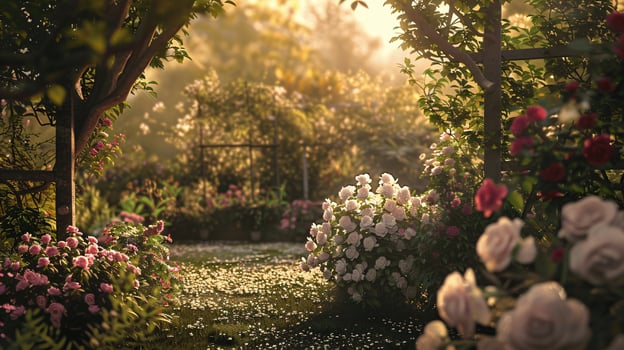 Serene Garden Pathway with Vibrant Flora and Gentle Sunlight photo