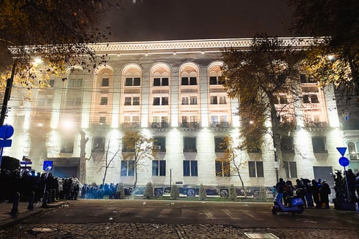 Tbilisi, Georgia - 1st december, 2024 - Police special forces walk in street chase Protesters protesting stand for EU in Rustaveli avenue. European Union manifestation. Protests against Government photo