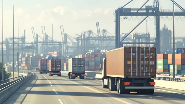 Container Trucks Near a Vibrant Port and Harbor photo
