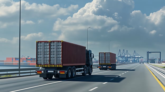 Trucks on the Highway Near Industrial Ports Packed with Containers photo