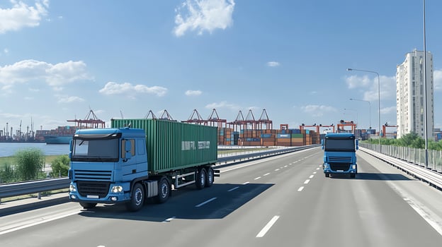 Freight Trucks on the Road Near an Active Container Port Are photo