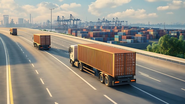 Trucks on Highways, Ports in the Distance photo