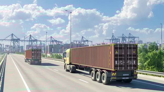 Freight Trucks Cruise by an Industrial Port on Global Shipping Routes photo