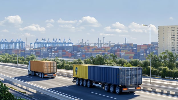 Highway Cargo and Portside Infrastructure Showcasing Global Shipping Flow photo