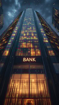 Modern bank building illuminating city street at night photo