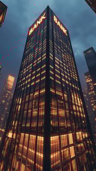 Modern bank building illuminating city skyline at dusk photo