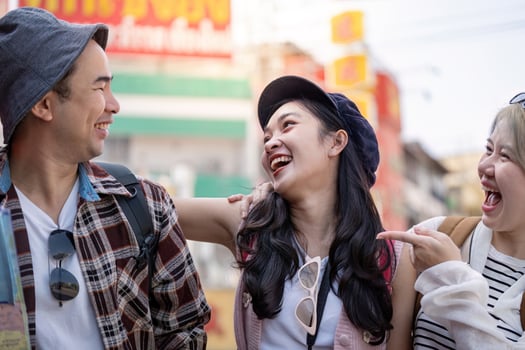 Travel adventures with friends in a vibrant city street candid moments urban environment joyful interactions for seo impact photo