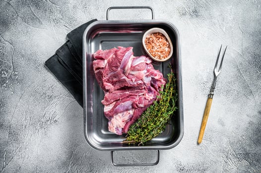 Ready for cooking raw Turkey thigh fillet meat. White background. Top view photo