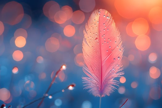 Ethereal Feather with Dewdrops Amidst Bokeh, Perfect for Nature-Themed Designs photo