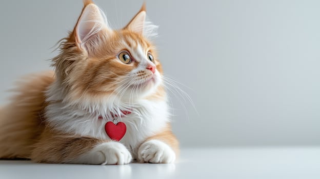 fluffy Maine cat with orange and white fur gazes thoughtfully, wearing red heart shaped collar. Its expressive eyes and soft fur create charming scene photo