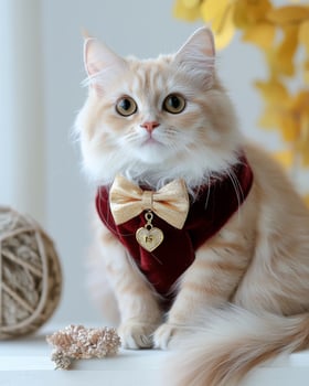 Luxurious Persian cat wearing red velvet suit and golden bow tie, exuding elegance and charm. This adorable feline captures hearts with its expressive eyes and stylish attire photo