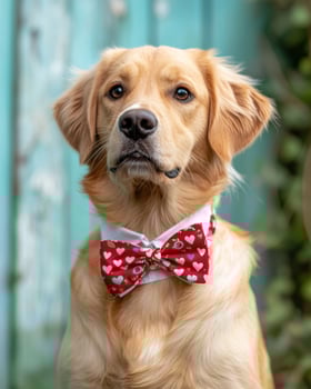 golden retriever wearing festive red bow tie with hearts, exuding charm and elegance. This adorable dog is perfect for holiday celebrations photo