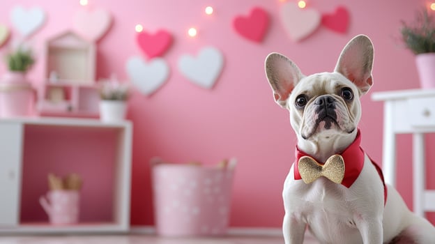 French bulldog in stylish red bow tie poses in pink room decorated with hearts, creating charming and playful atmosphere photo