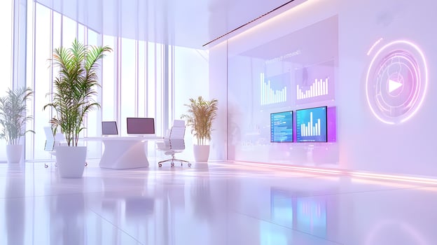 A large office space with a lot of windows and a lot of people working photo