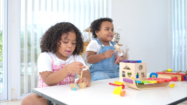 The older sister and younger sister sit on the floor and play the toy together photo