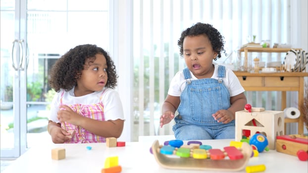 The older sister and younger sister sit on the floor and play the toy together photo