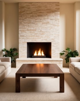 Cozy modern living room with wooden coffee table and fireplace in a serene setting photo