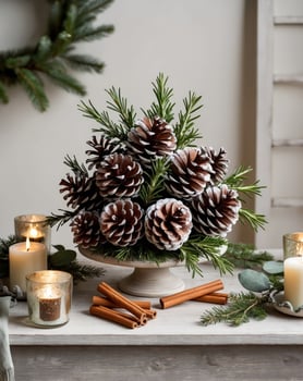 Festive winter decoration with pine cones and cinnamon cozy home setting botanical art natural aesthetic photo