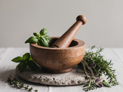 Rustic Wooden Mortar and Pestle With Fresh Herbs. photo